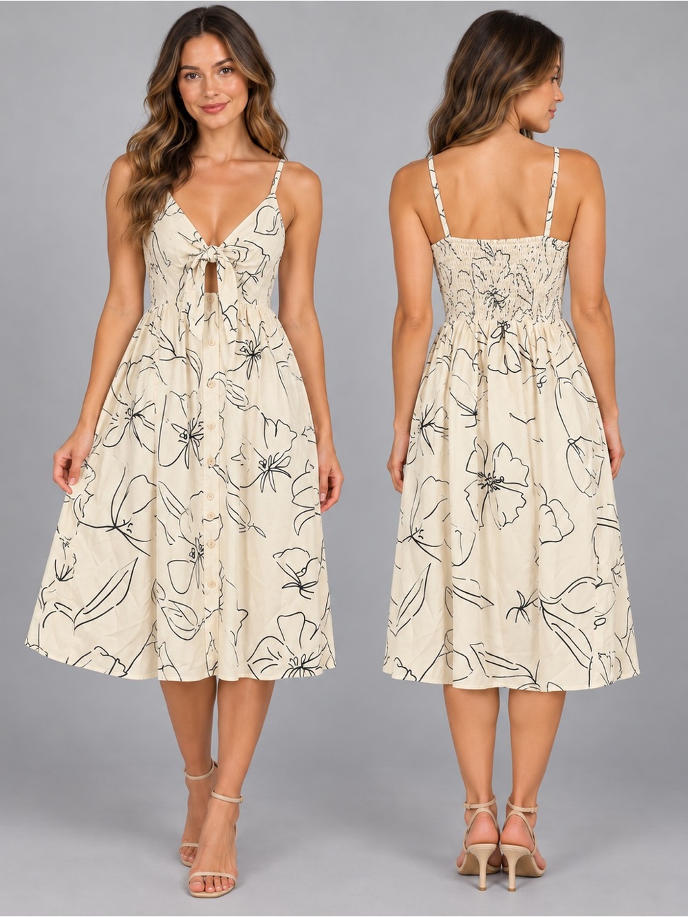 Sleeveless Cream Floral Tie-Front Midi Dress - 1130